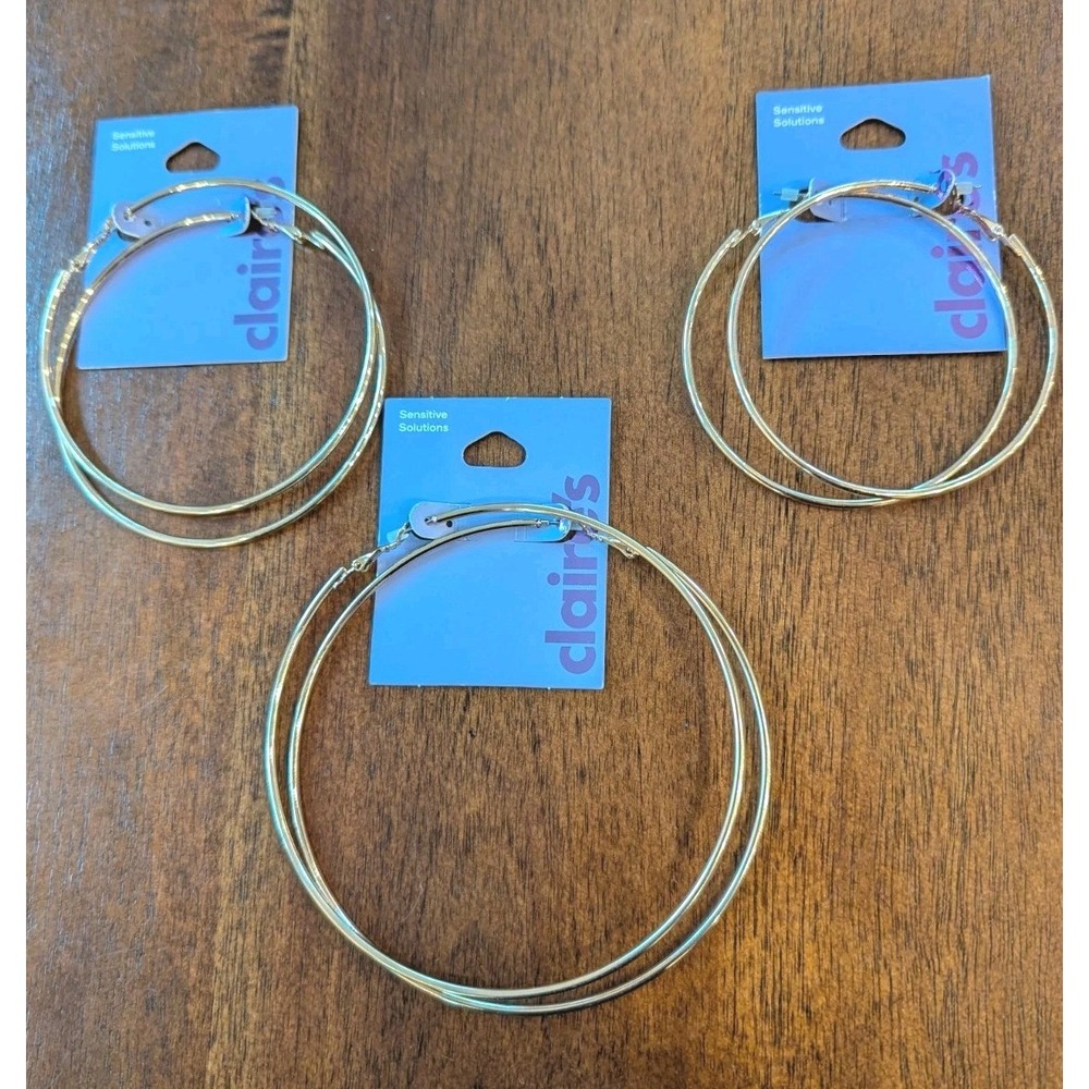 Claire's Gold Tone Hoop 4" 3" and 2.5" Earrings 3 Pairs Sensitive Solutions NEW